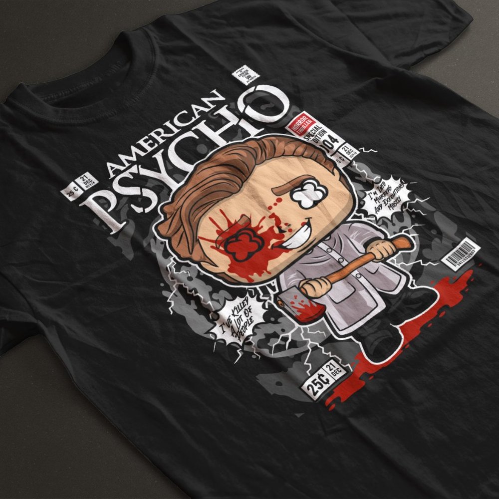 Funny Retro Style American Psycho Patrick Bateman Cartoon Comic Pop Tee